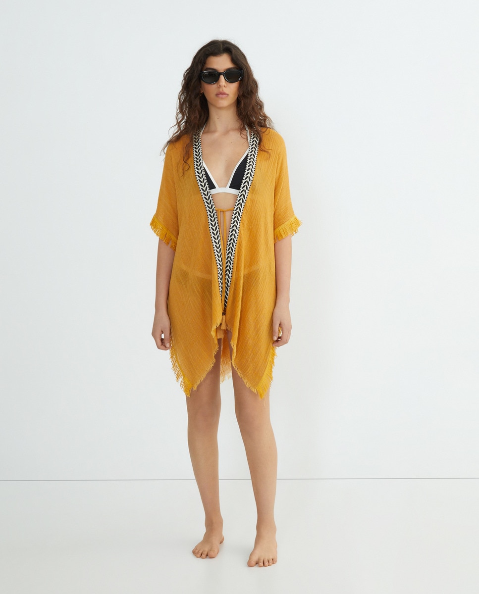 Kaftan Básico com Detalhe de Fita Mostarda-2