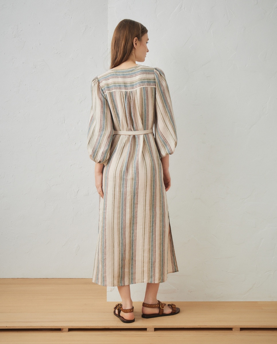 Vestido de Mangas 3/4 com Estampado às Riscas Verde-2
