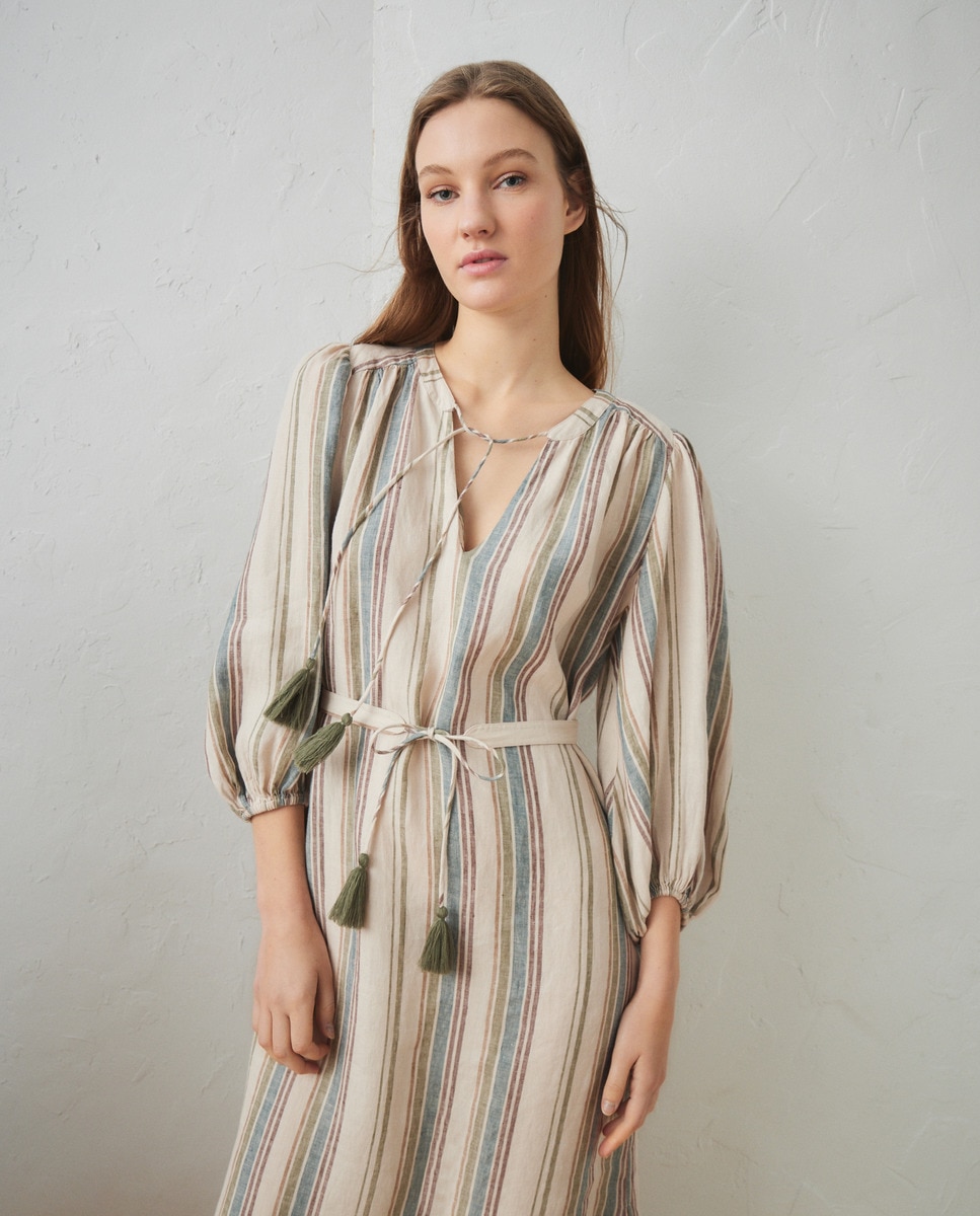 Vestido de Mangas 3/4 com Estampado às Riscas Verde-6