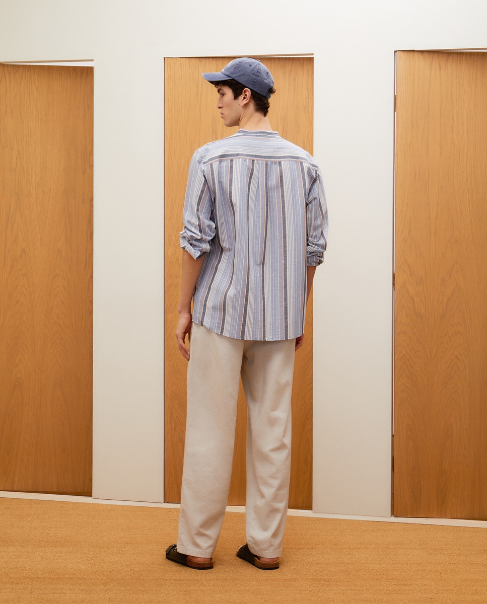 Camisa de Linho às Riscas Azul-3
