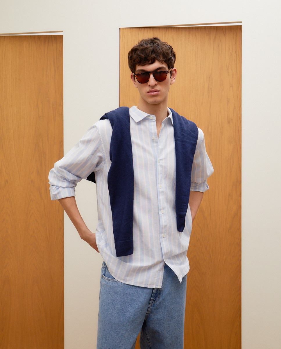 Camisa de Linho às Riscas Azul-2