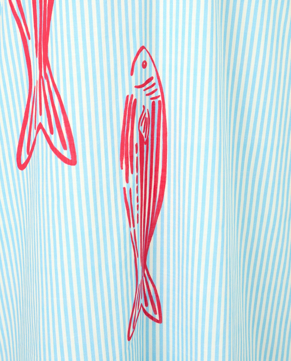 Kaftan com Estampado às Riscas e de Peixe Azul-2