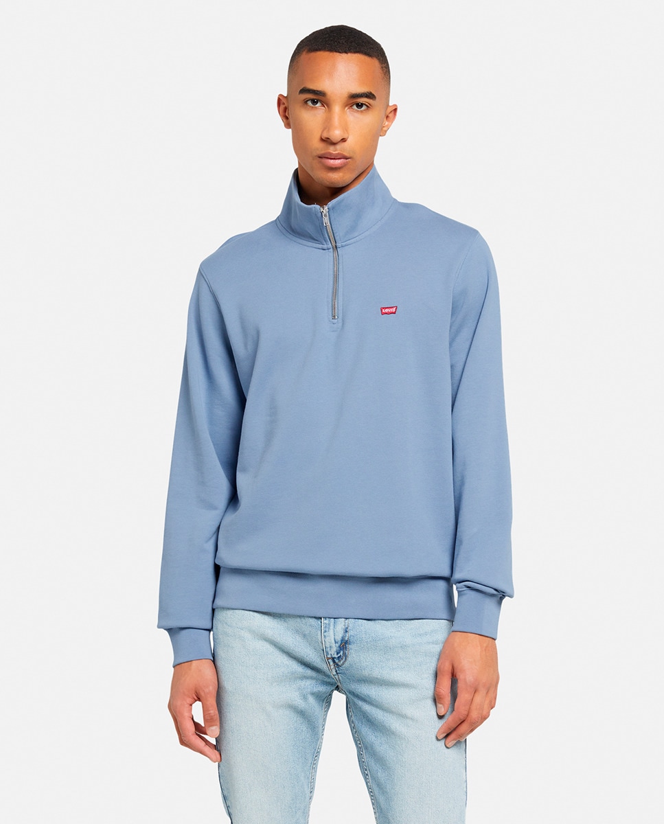 Sweatshirt de Algodão com Gola com Fecho de Correr Azul-1
