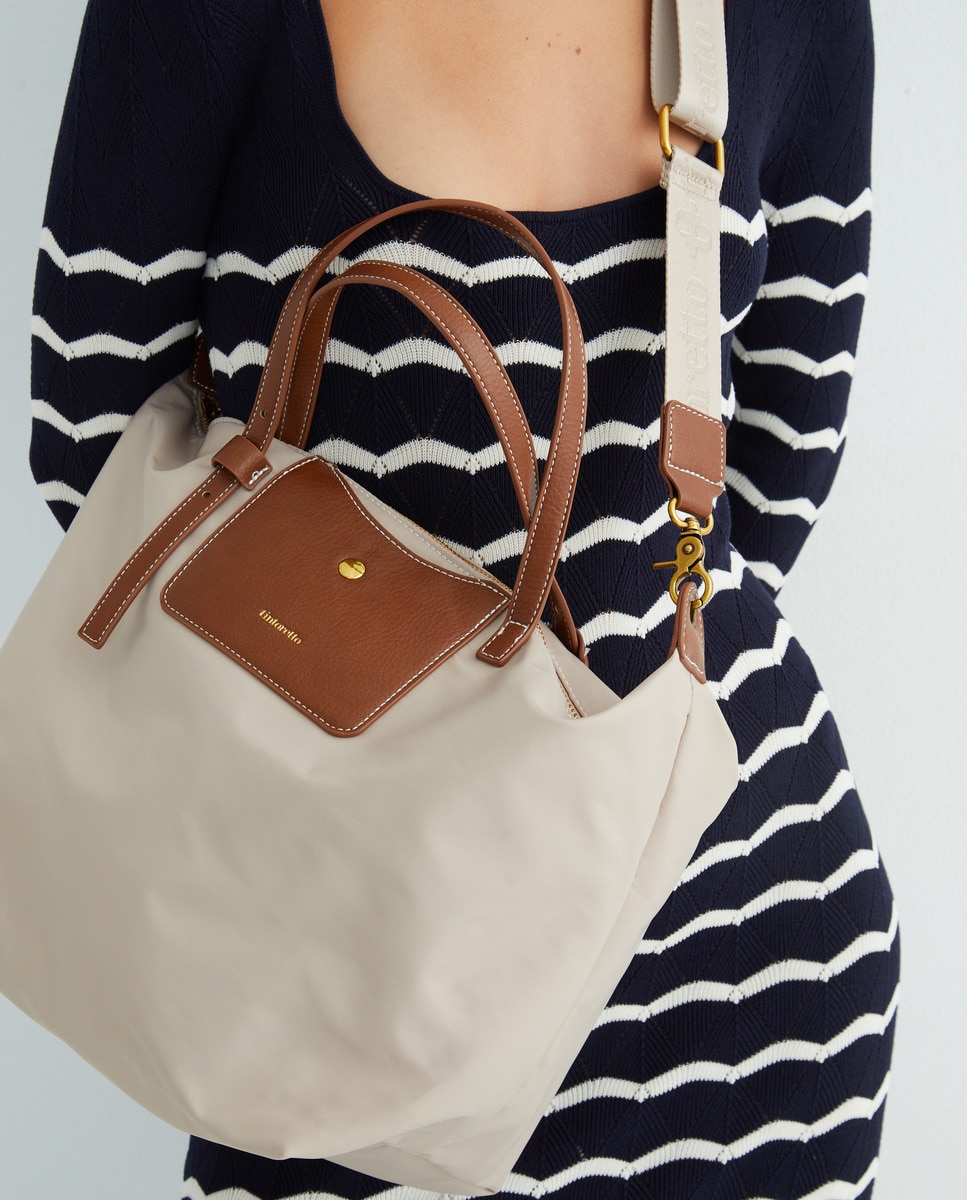 Mala Shopper de Nylon com Várias Alças Bege-4