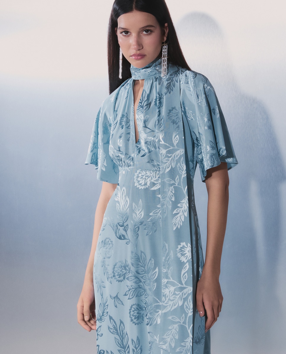 Vestido Midi de Manga com Capa e Jacquard Sabão-2