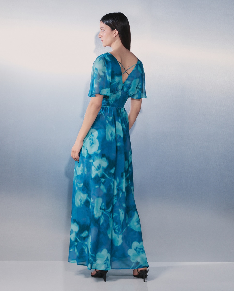 Vestido Comprido de Manga Curta com Capa Azul-3