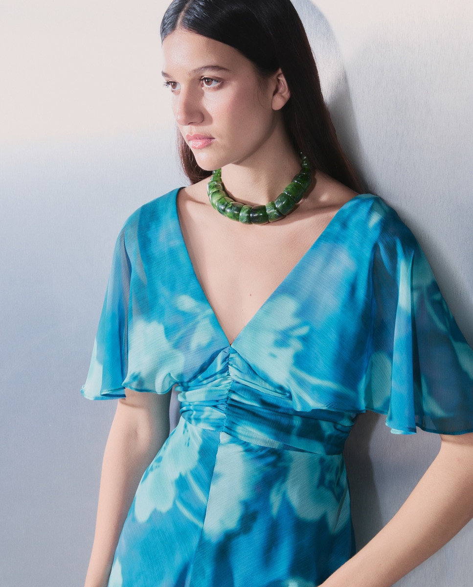 Vestido Comprido de Manga Curta com Capa Azul-6