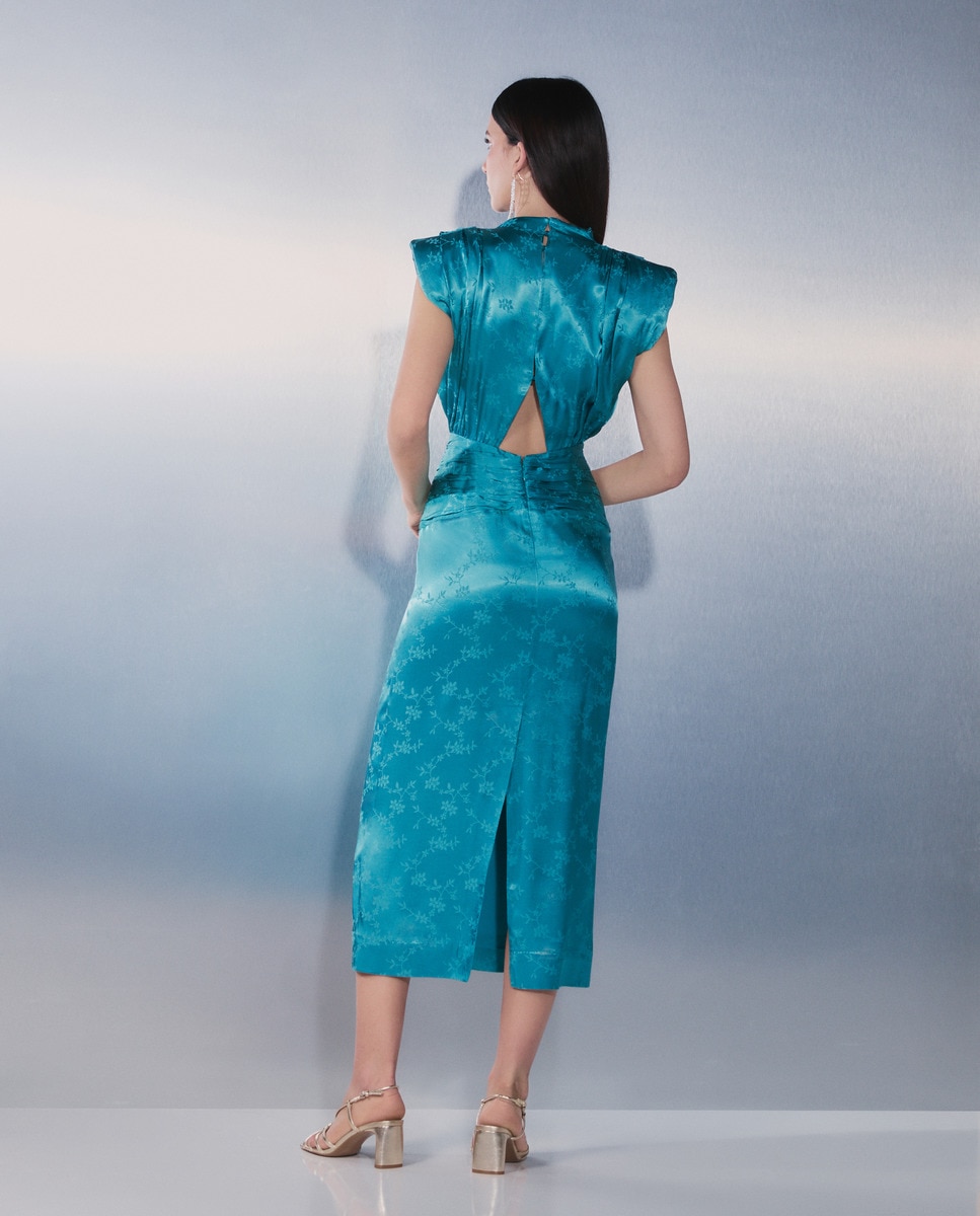 Vestido Drapeado com Gola Subida e Jacquard Azul-escuro-6