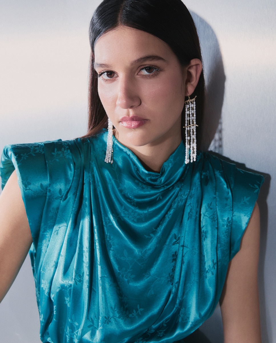 Vestido Drapeado com Gola Subida e Jacquard Azul-escuro-2