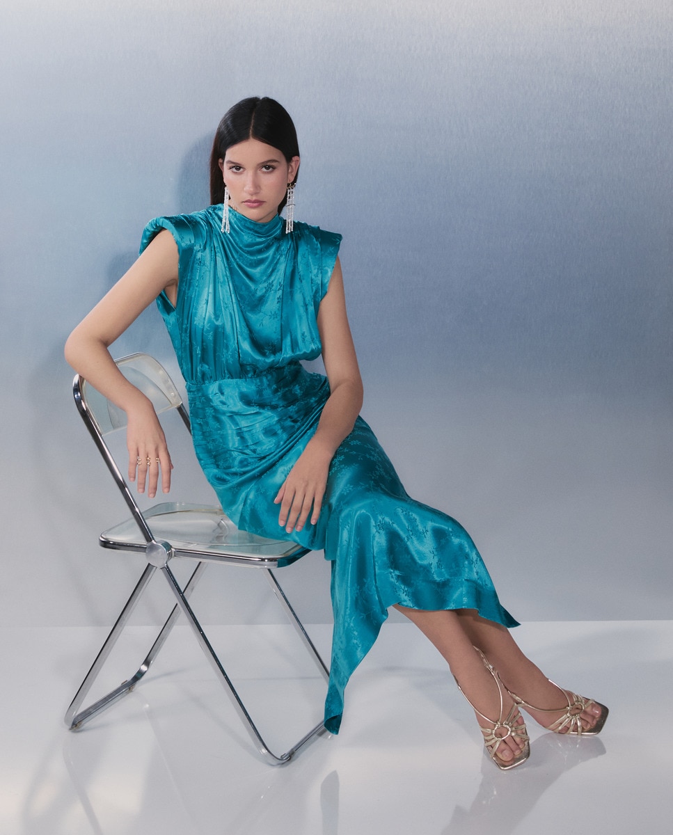 Vestido Drapeado com Gola Subida e Jacquard Azul-escuro-1