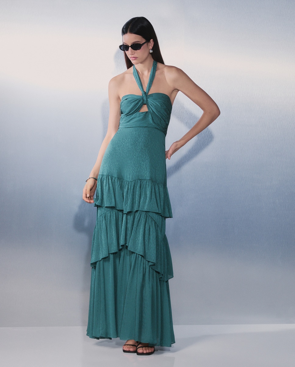 Vestido de Gola Halter com Folhos Verde-6