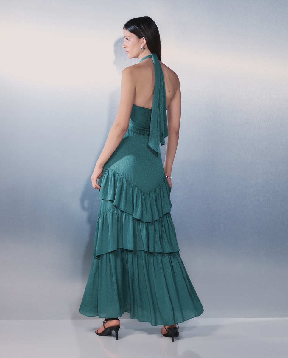 Vestido de Gola Halter com Folhos Verde-3
