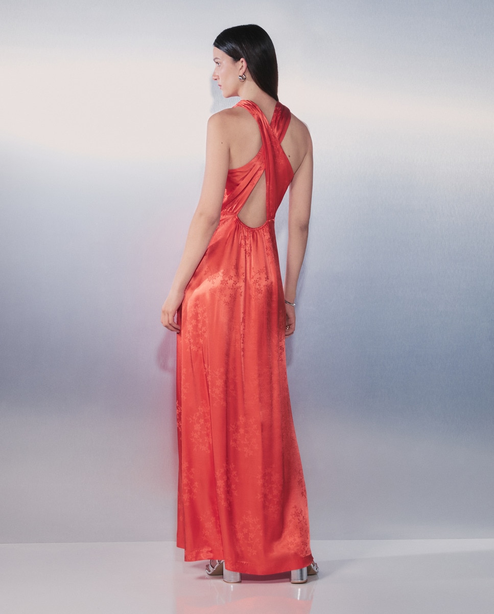 Vestido Jacquard com Decote Halter Cruzado Açafrão-3