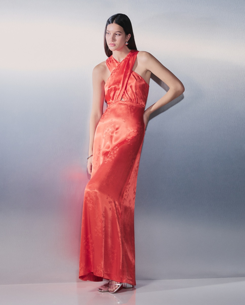 Vestido Jacquard com Decote Halter Cruzado Açafrão-2