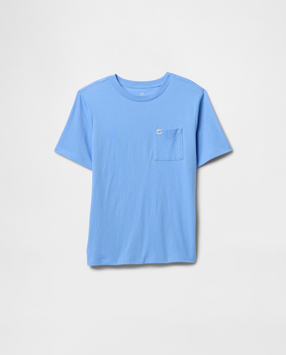 T-shirt com Bolso com Logótipo no Peito e Manga Curta Azul-claro-3