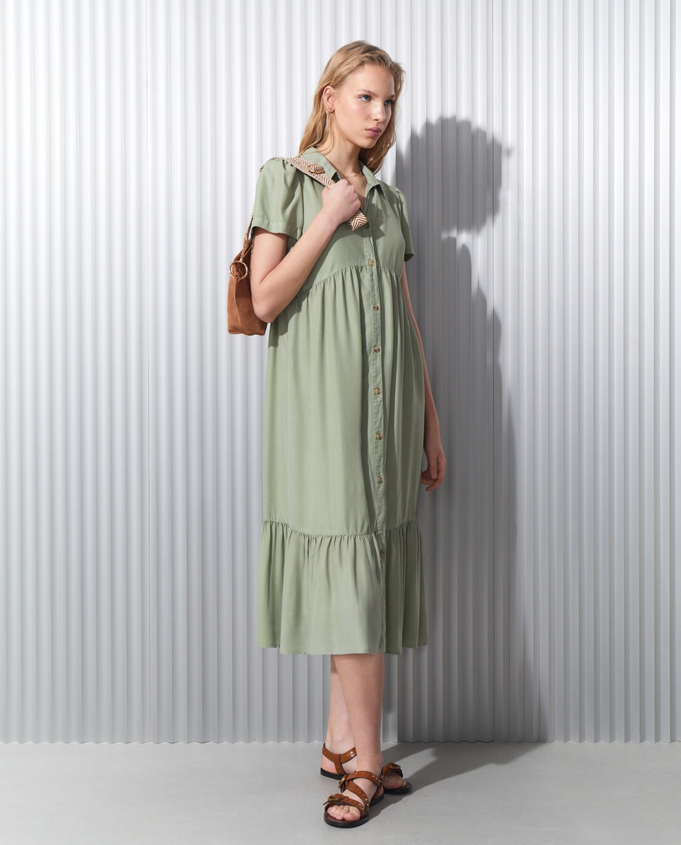 Vestido Comprido de Ganga com Painéis 520 Caqui-1