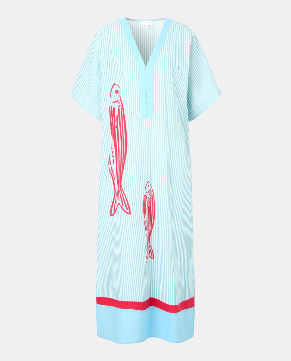 Kaftan com Estampado às Riscas e de Peixe Azul-1