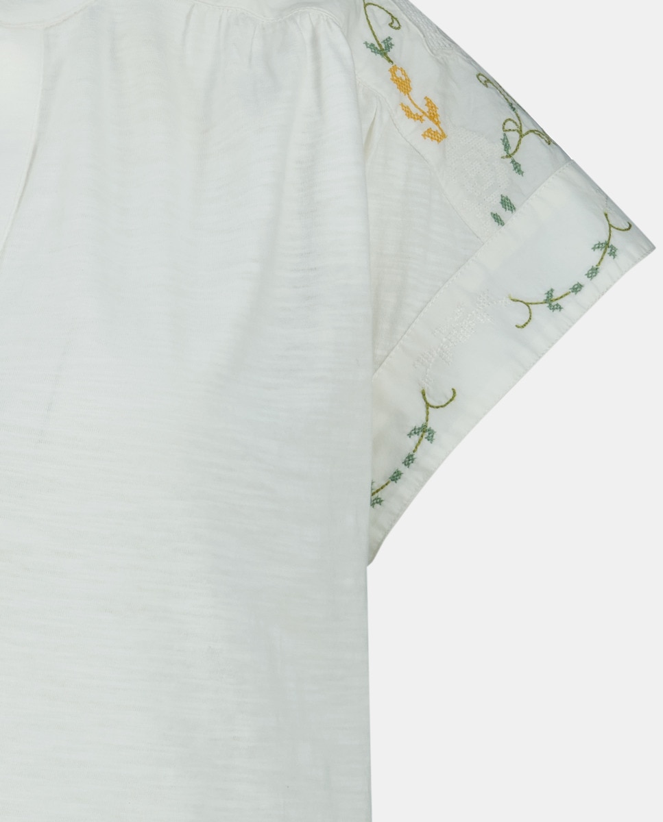 T-shirt de Manga Curta Bordada com Ponto de Cruz Branco-marfim-5