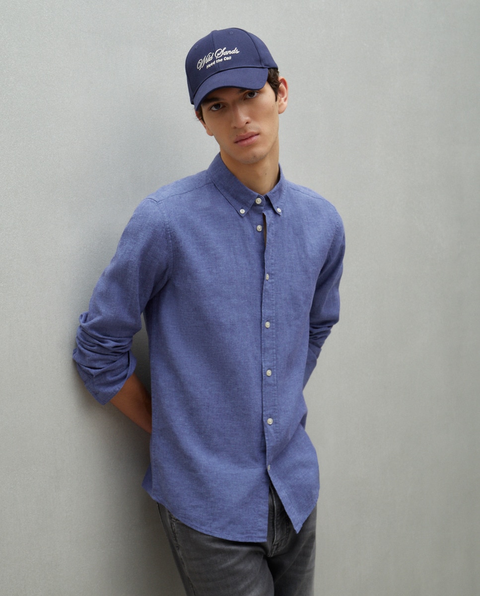 Camisa Lisa de Linho e Algodão com Manga Comprida Azul pálido-1