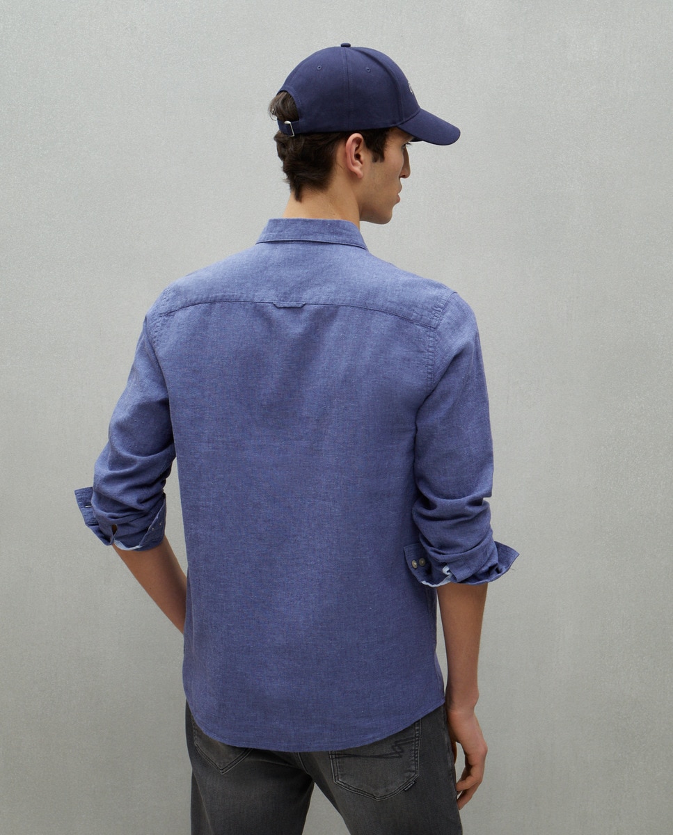 Camisa Lisa de Linho e Algodão com Manga Comprida Azul pálido-3