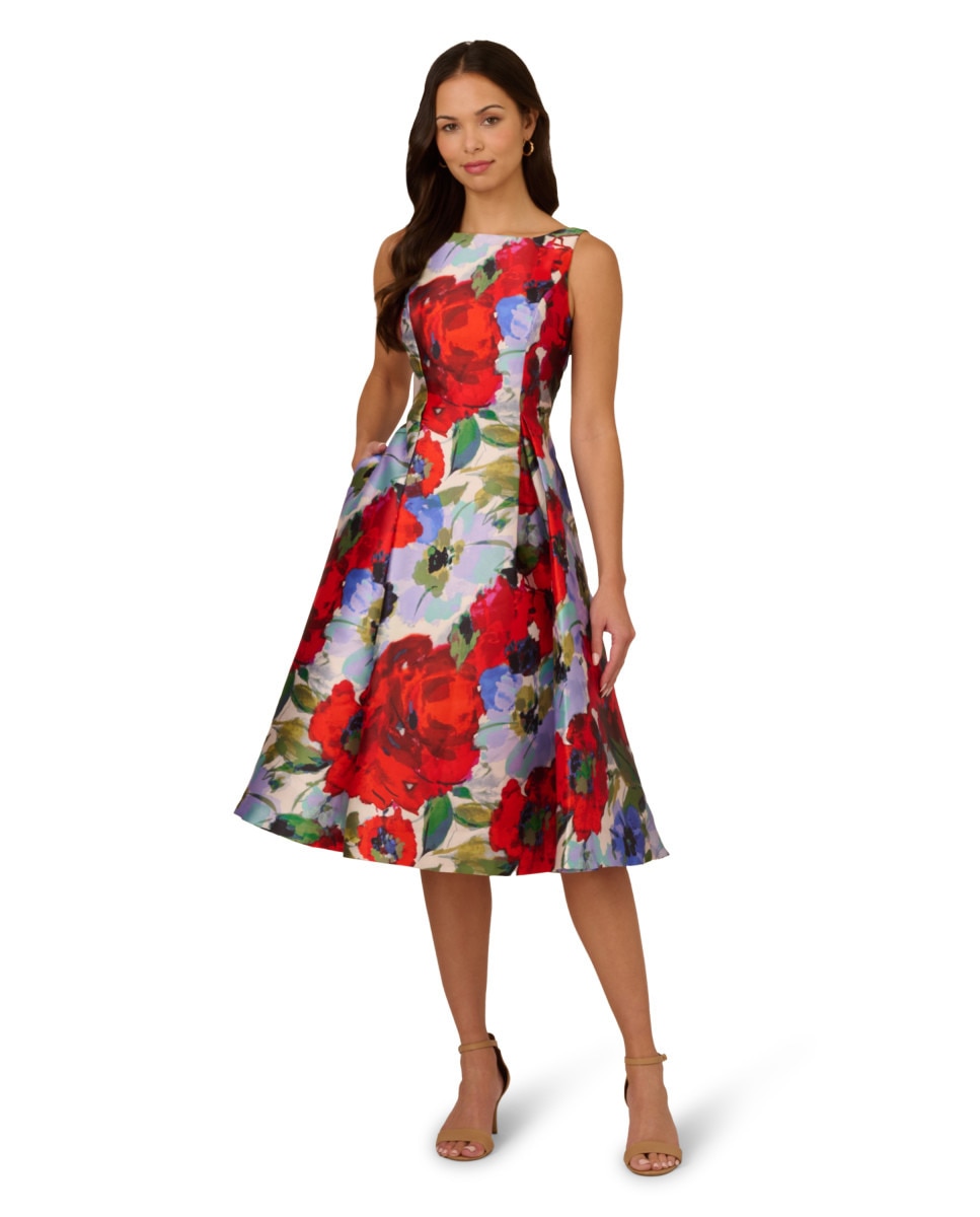 Vestido Midi Mikado com Estampado Floral Vermelho-1