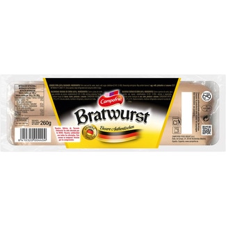 salchichas Bratwurst cocidas de cerdo sin gluten 3 piezas envase 260 g - Campofrio
