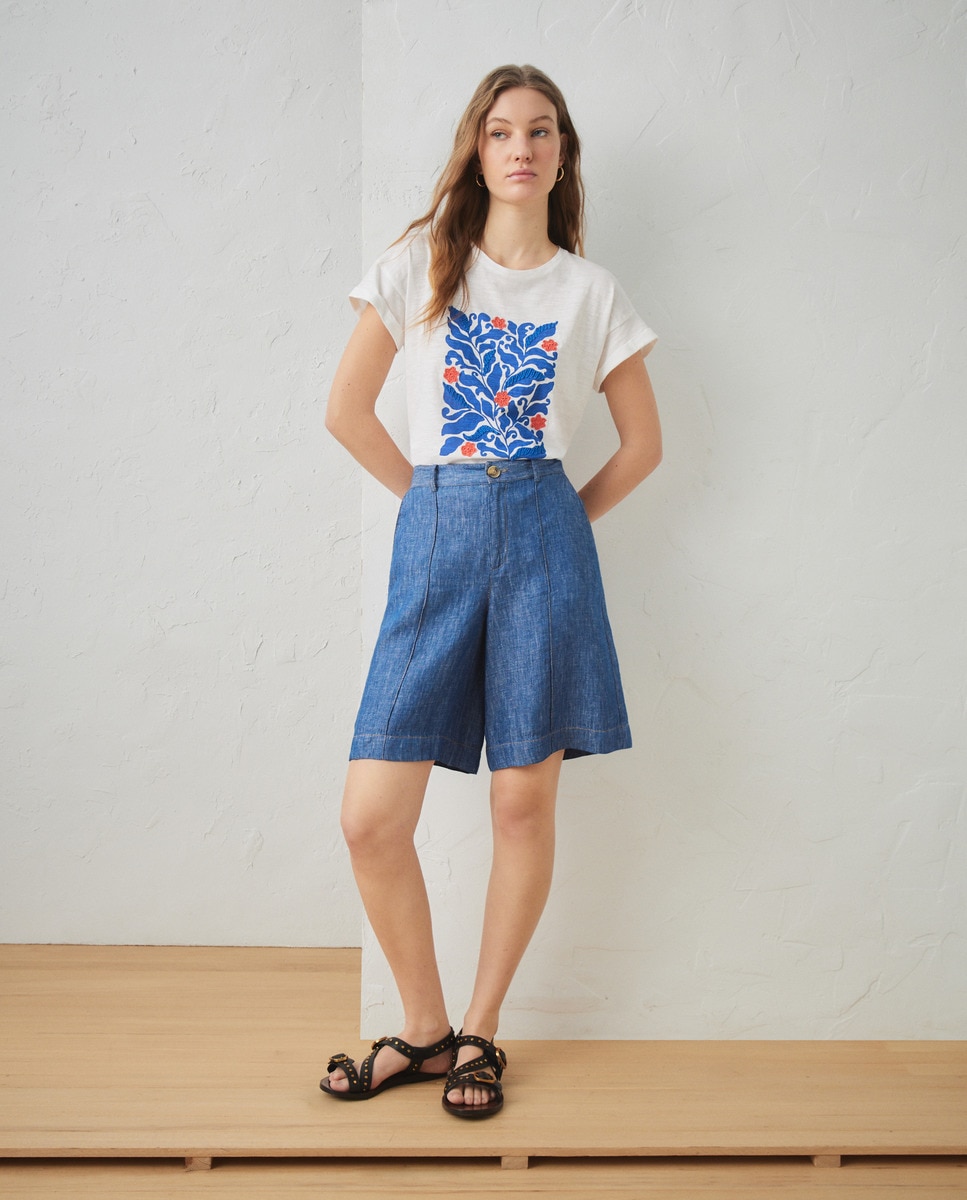 T-shirt de mulher com manga curta e decote redondo Branco-marfim-3
