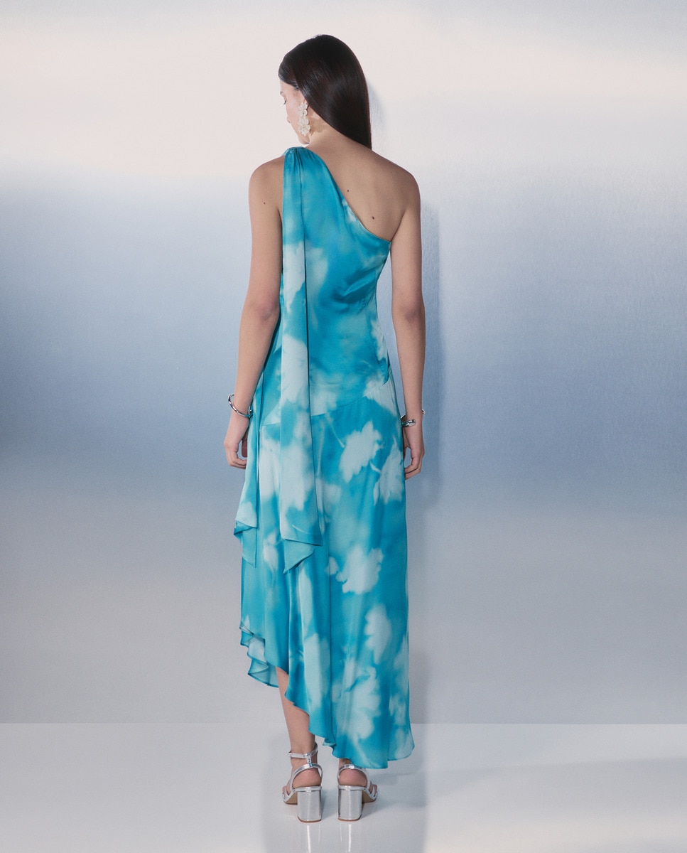 Vestido com Decote Assimétrico Estampado Azul-3