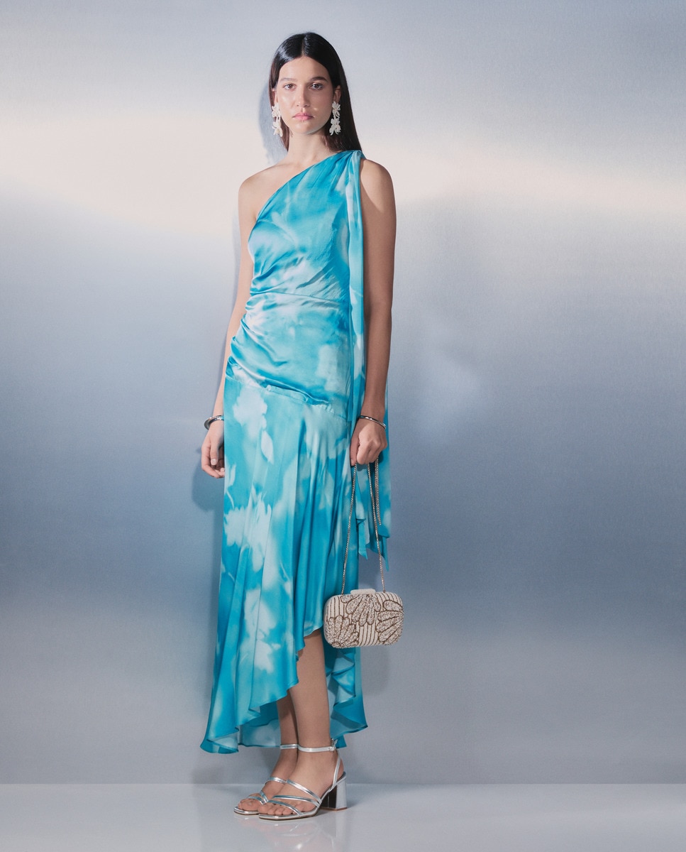 Vestido com Decote Assimétrico Estampado Azul-2