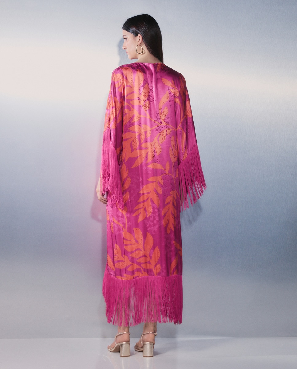 Vestido Kaftan Estampado com Franjas Rosa-3