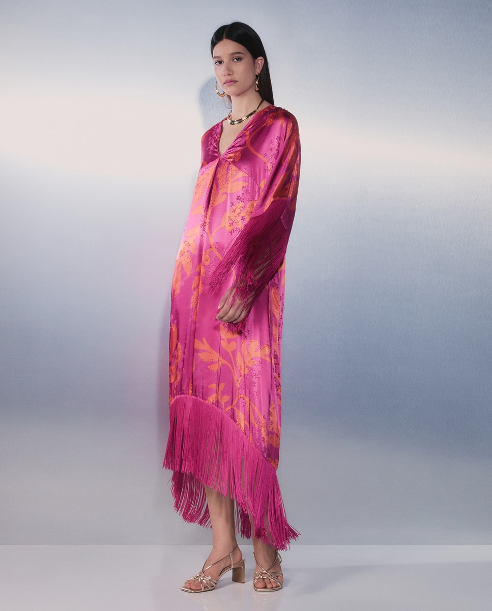 Vestido Kaftan Estampado com Franjas Rosa-6