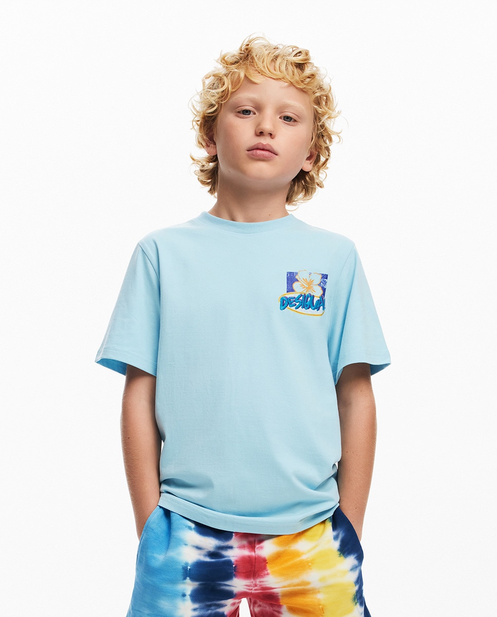 T-shirt com Estampado Tropical Azul-claro-1