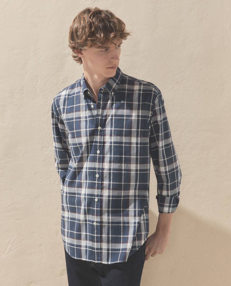 Camisa de Popelina aos Quadrados Azul-marinho-3
