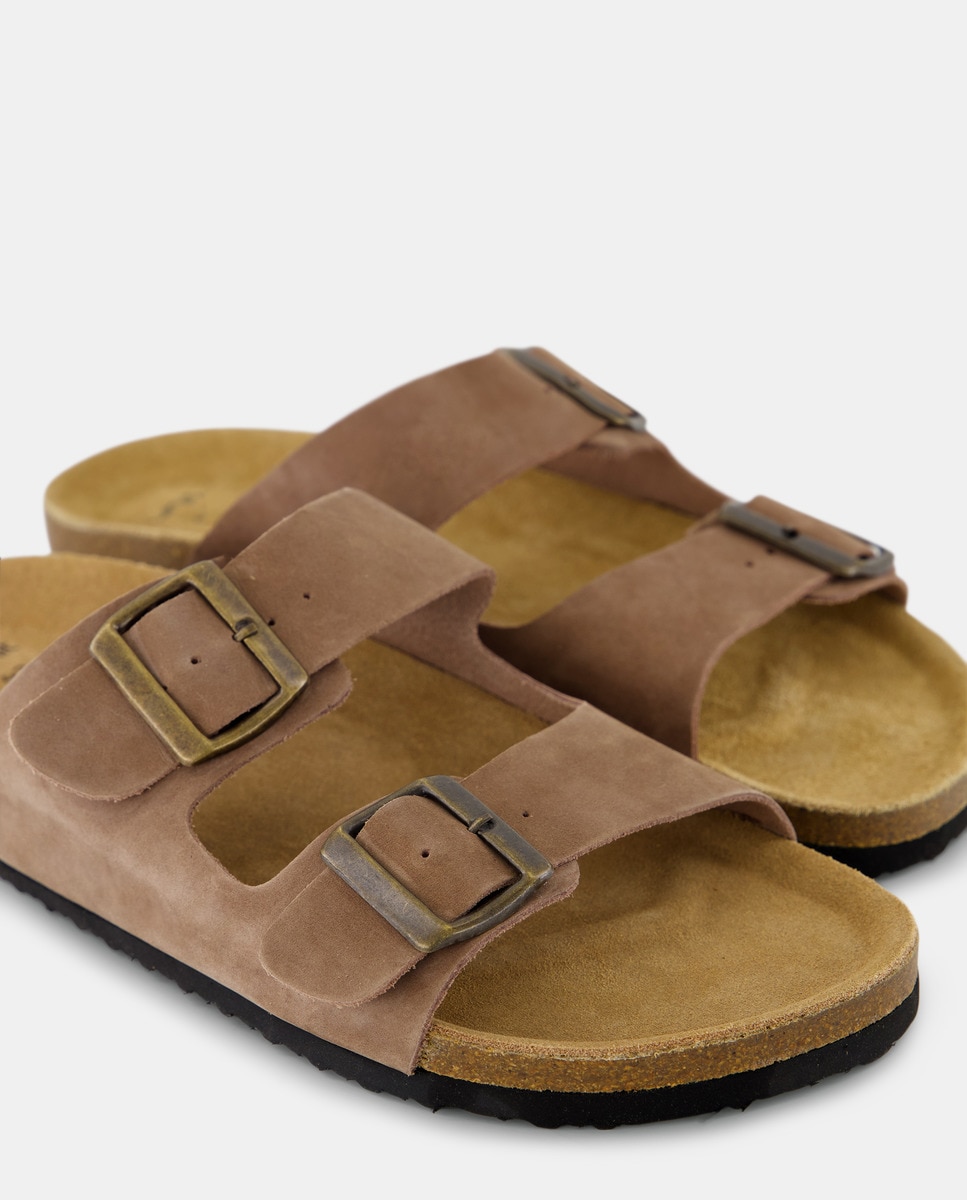 Sandalia de hombre bio de nobuck doble hebilla Marrón claro-5