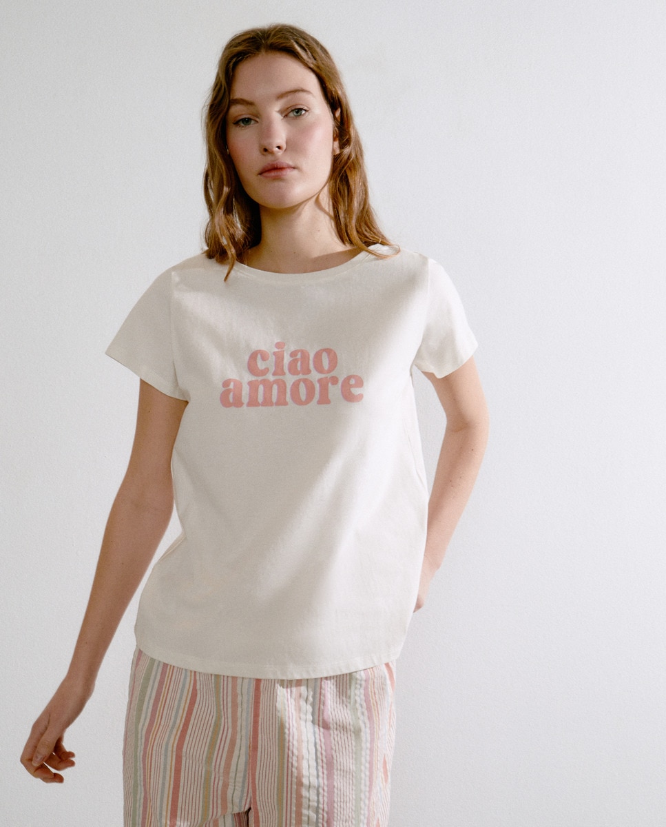 Pijama com Calças às Riscas e T-shirt com Estampado Posicional de Letras Multicolor-3