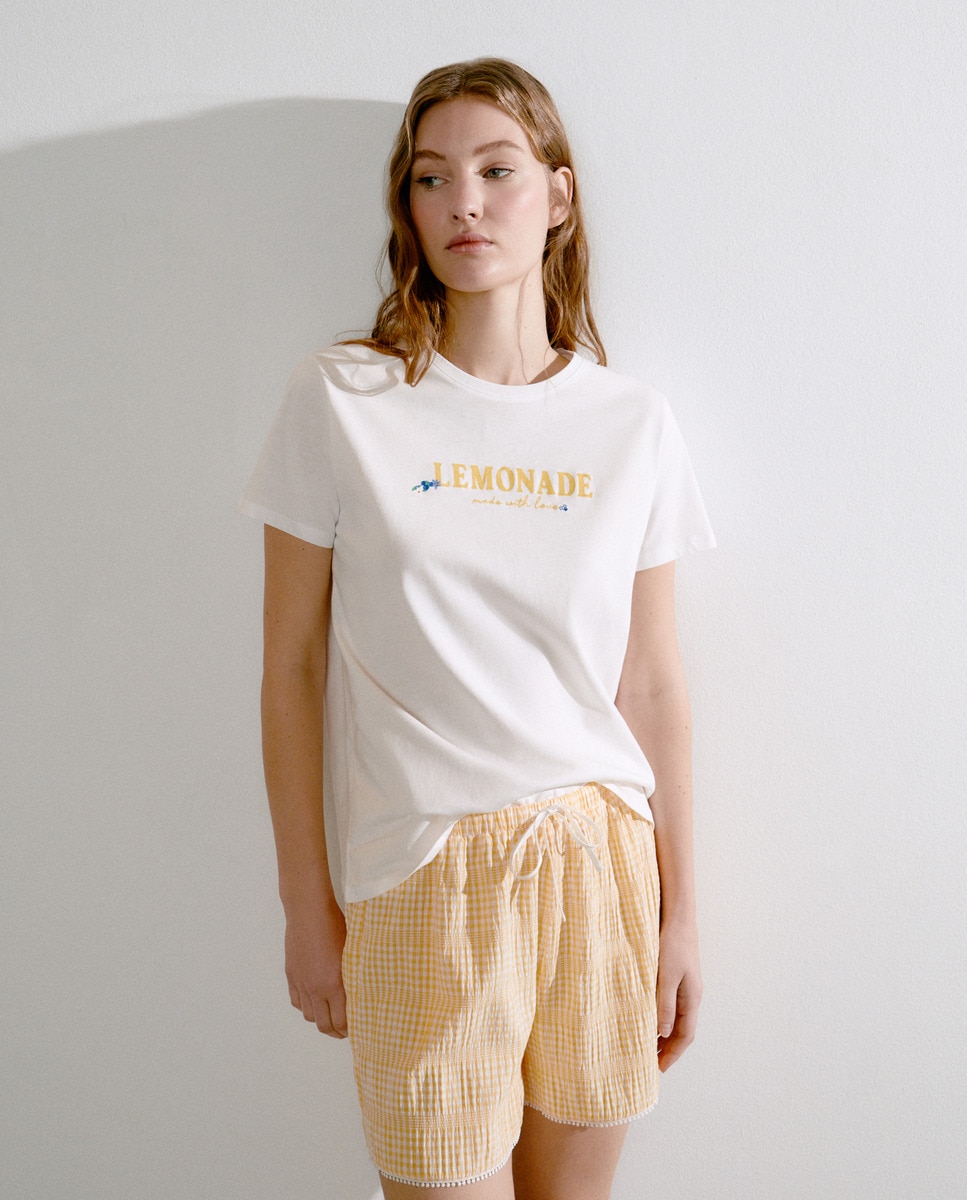 T-shirt com Estampado Posicional Branco-marfim-1