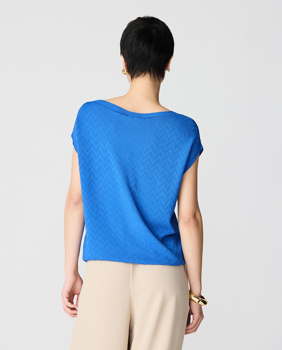 Camisola de Malha Chevron com Decote à Barco e Manga Curta Azul-índigo-2