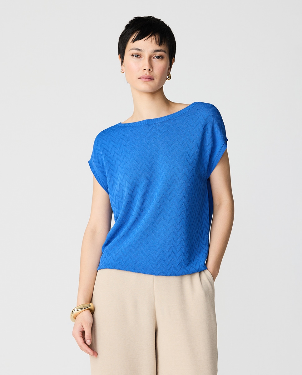 Camisola de Malha Chevron com Decote à Barco e Manga Curta Azul-índigo-1