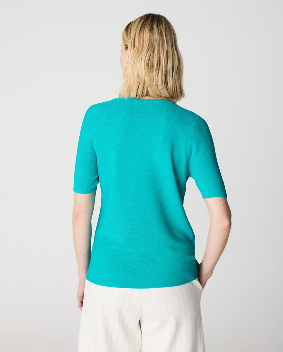 Camisola de Malha com Decote em Bico e sem Costuras Verde-antiquário-2