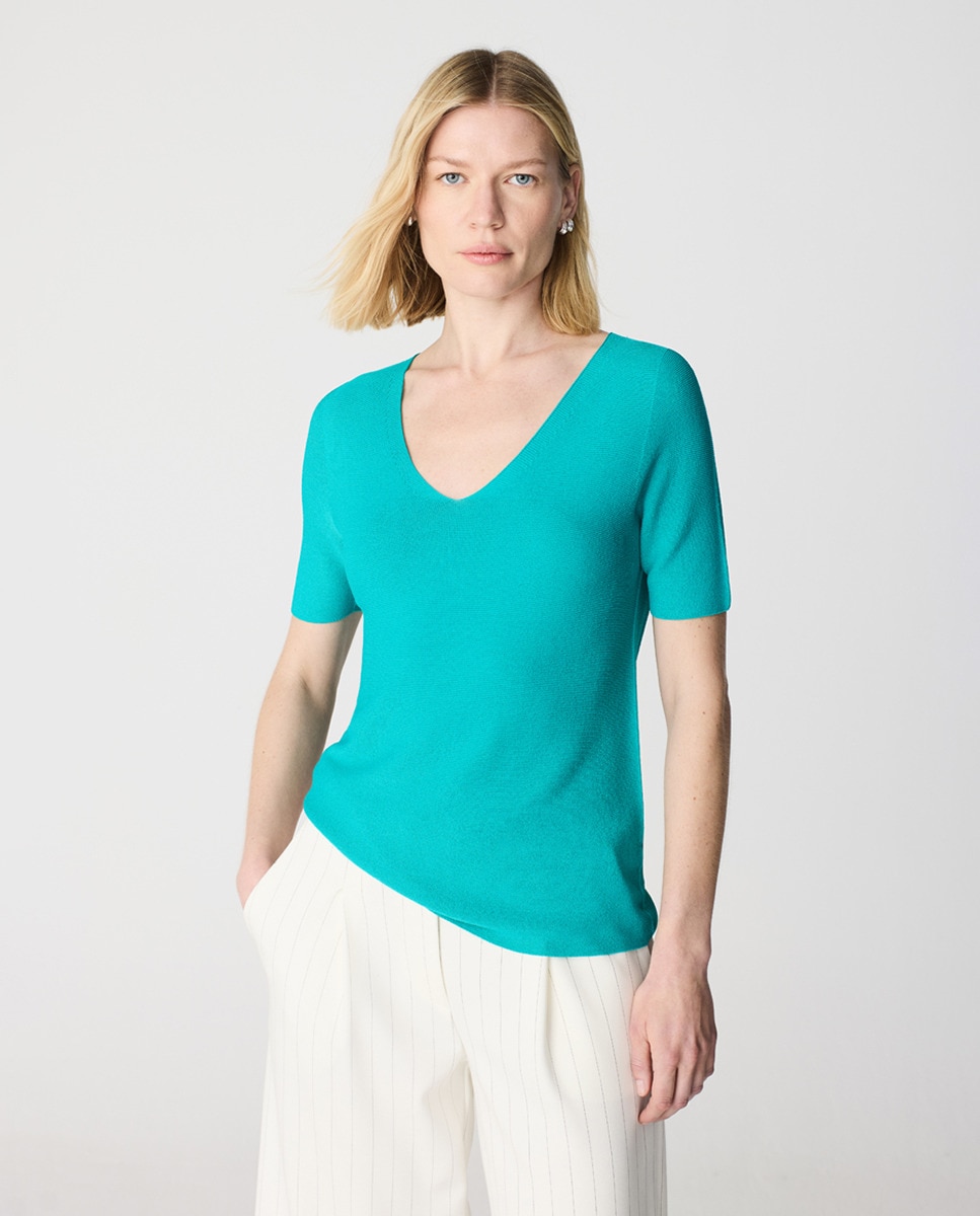 Camisola de Malha com Decote em Bico e sem Costuras Verde-antiquário-1