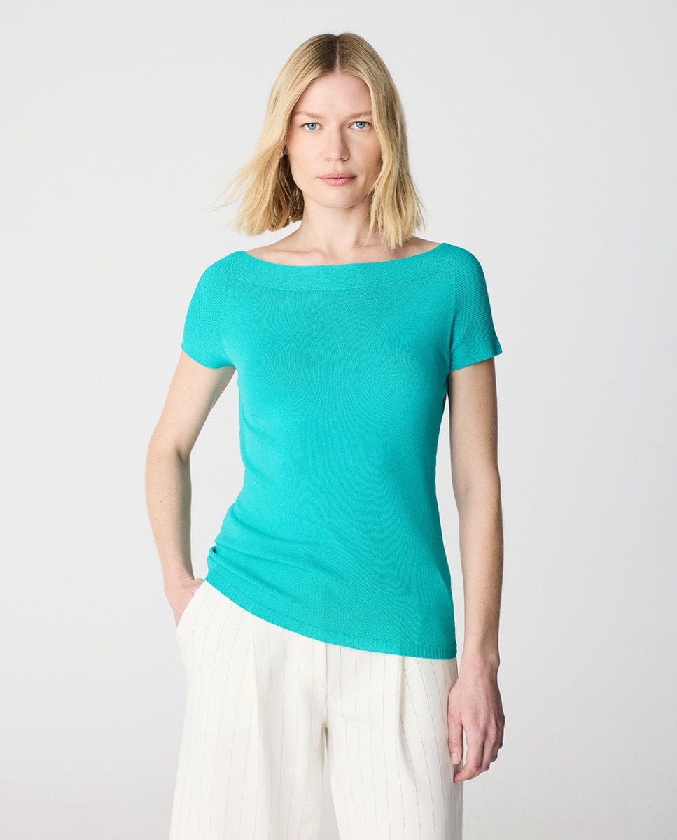 Camisola de Malha com Decote à Barco sem Costuras Verde-antiquário-1