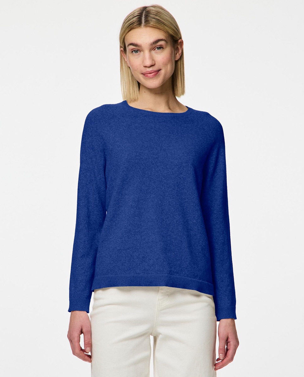 Camisola de Malha com Decote Redondo Azul-índigo-1