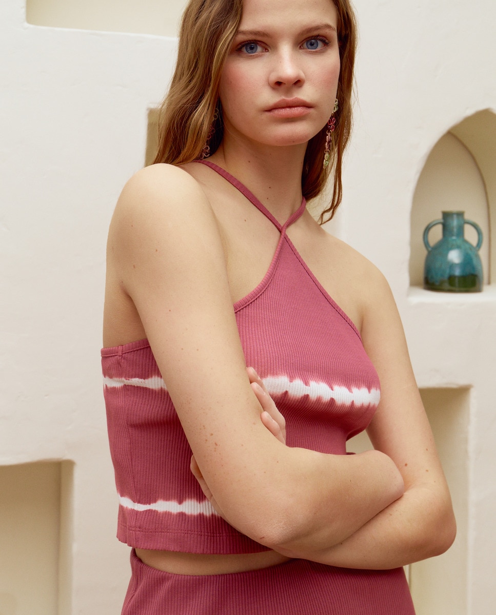 T-shirt Halter Canelada Tie Dye Rosa-1