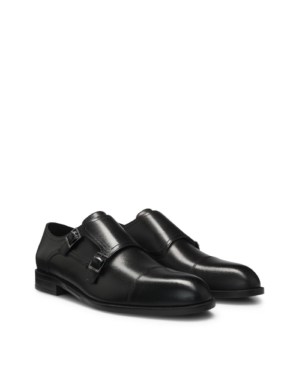 Sapatos de Fivela Dupla em Pele Preto-2