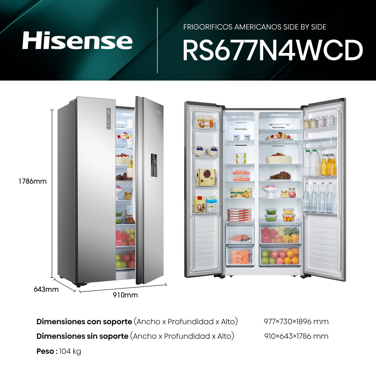 Frigorífico americano Hisense con Dispensador de agua - RS677N4WCD Inox-2