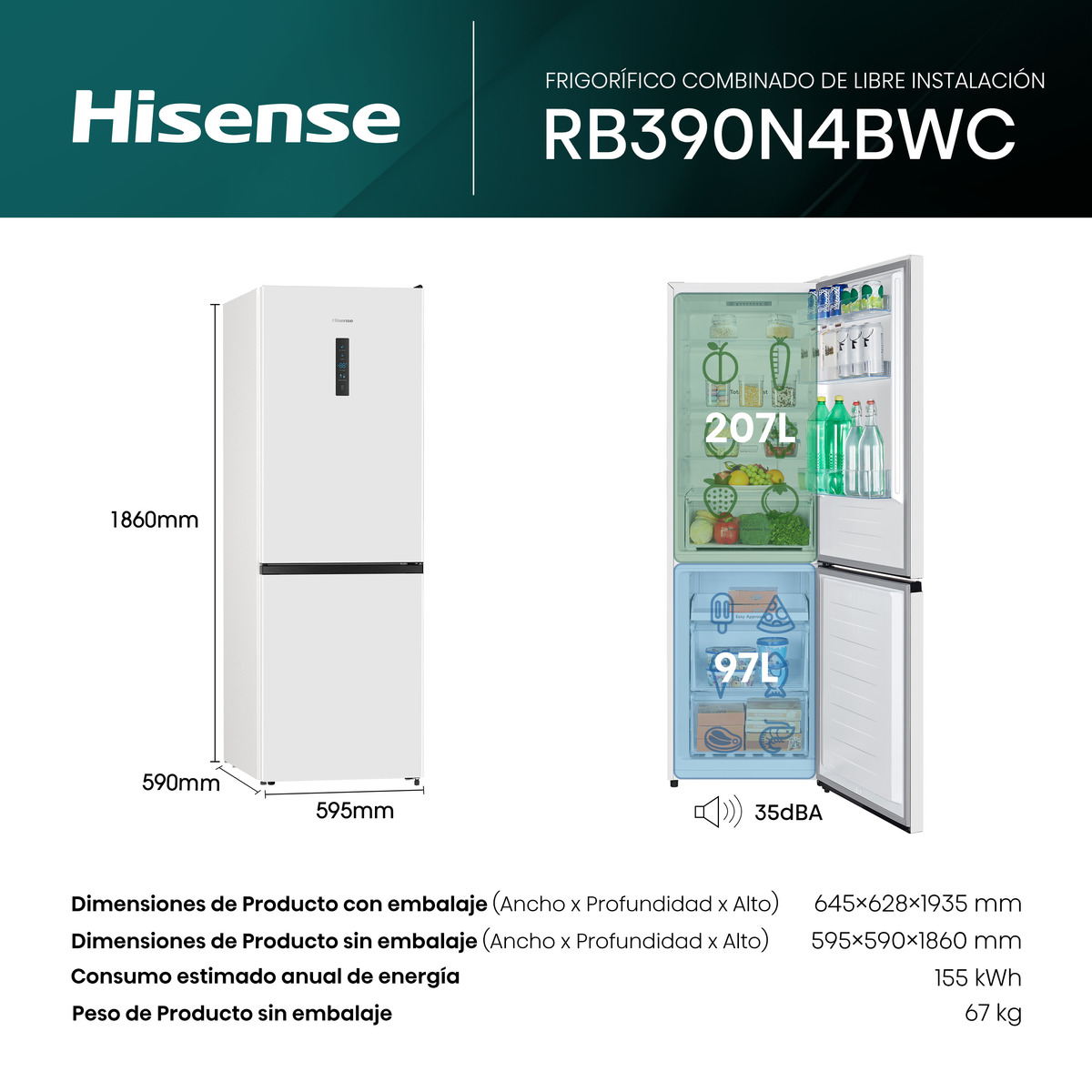 Frigorífico combi Hisense Total No Frost, Multi AirFlow - RB390N4BWC Blanco-2