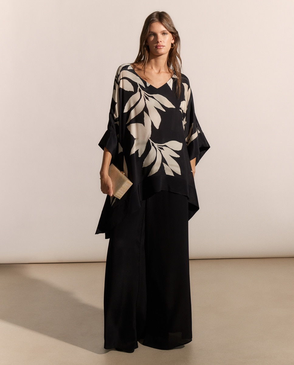 Top Kaftan Estampado de Seda Preto-3