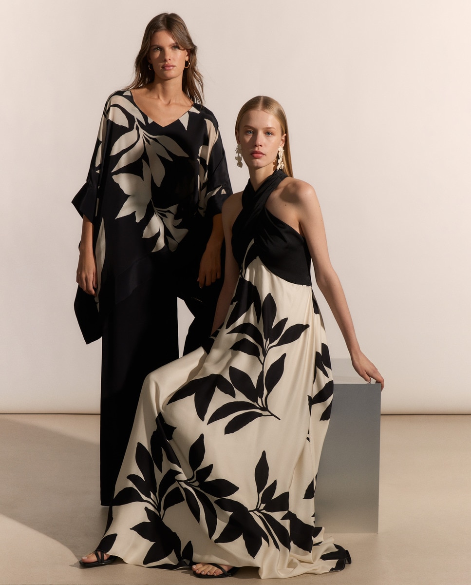 Top Kaftan Estampado de Seda Preto-1