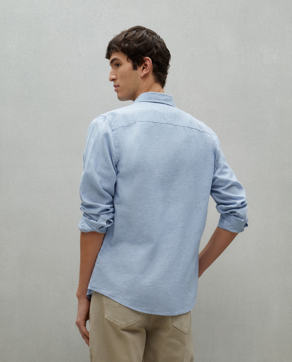 Camisa de Linho e Algodão com Manga Comprida e Bolsos 400 Azul-3