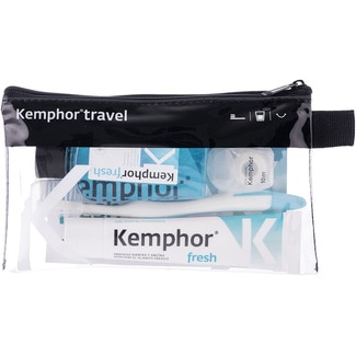kit dental tamaño viaje con enjuague bucal fluorado 50 ml + seda dental 10 m + cepillo + pasta de dientes fluorada 25 ml - Kemphor